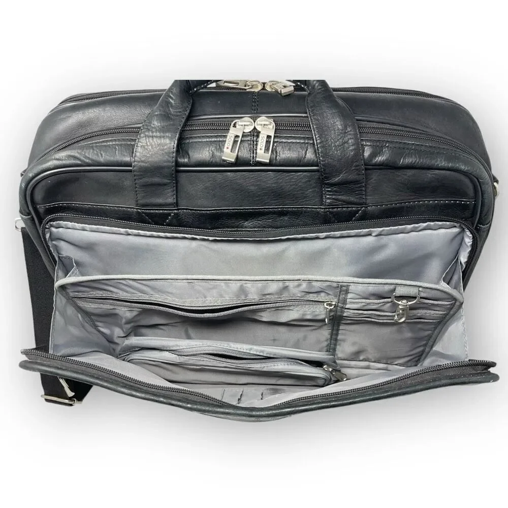 Solo New York Walker Black Leather Briefcase Rolling Travel Luggage Carry On Bag